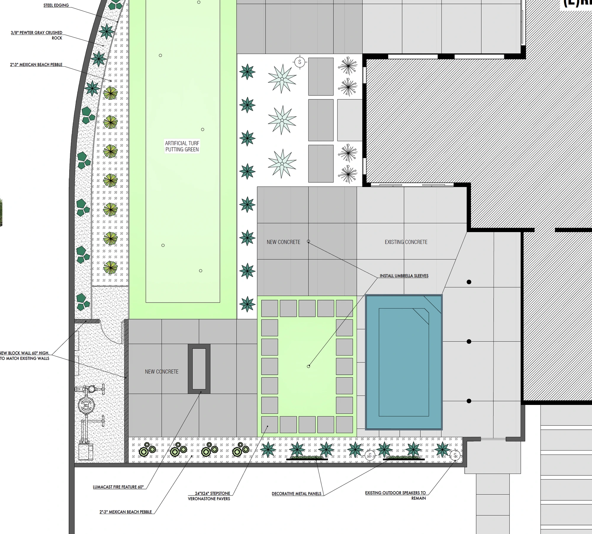 Landscape construction plan drawing with pool, turf putting green, crushed rock and concrete areas