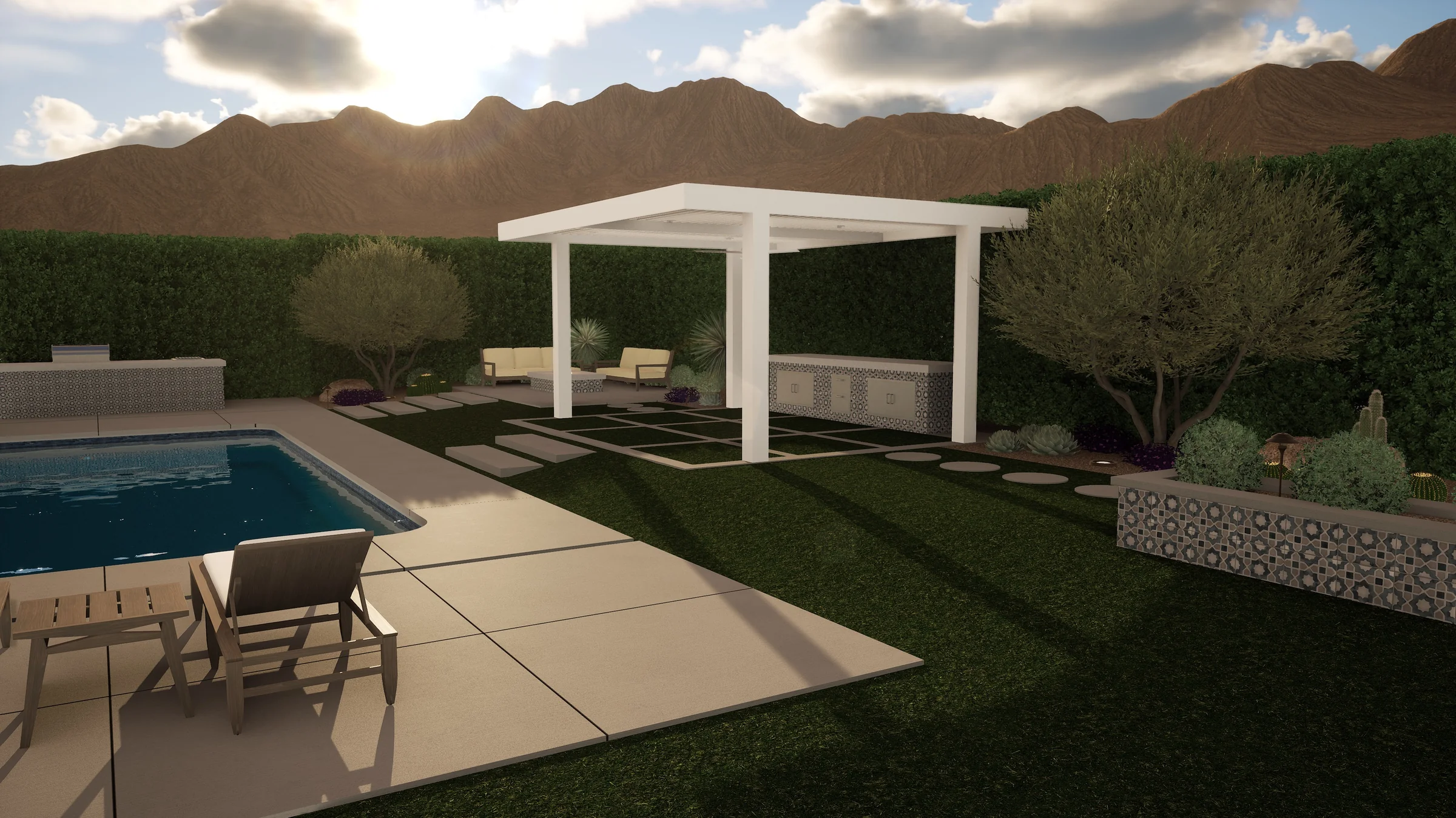 3D rendering of a poolside design at golden hour with a white pergola and desert planting